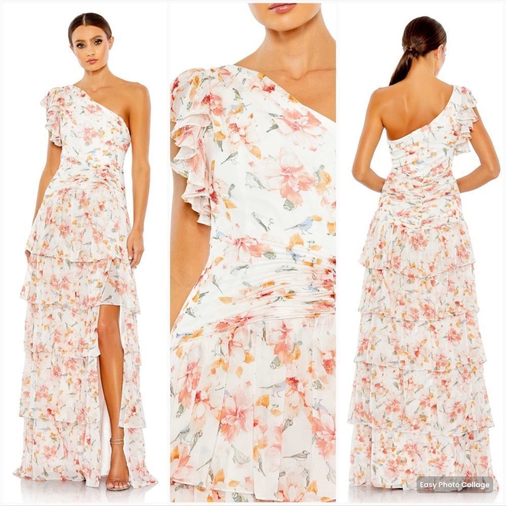 Mac Duggal 55810 Womens Floral Ruffle One Shoulder Gown Dress